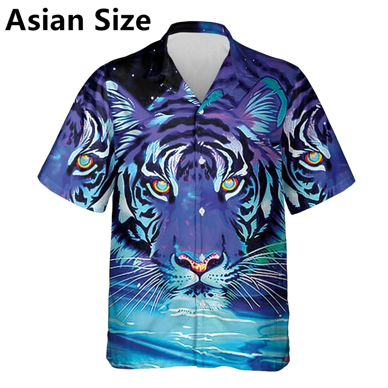 Fashion Tiger 3D Printed Shirts For Men Trend Summer Short Sleeve Lapel Button Hawaiian Shirts Cool Streetwear Oversized Blouse