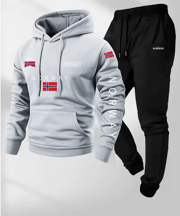 2-piece cartoon Norwegian letter drawstring hoodie and sweatpants set | Casual hooded, slightly stretchy fabric, graphic design,