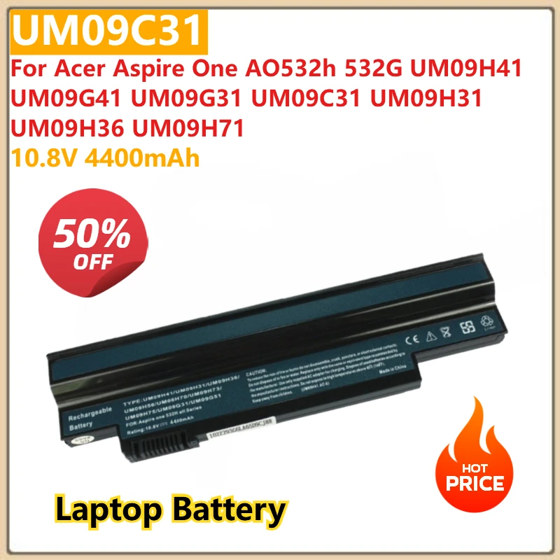 

Laptop Battery UM09C31 10.8V 4400mAh for Acer Aspire One AO532h 532G UM09H41 UM09G41 UM09G31 UM09C31 UM09H31 UM09H36 UM09H71