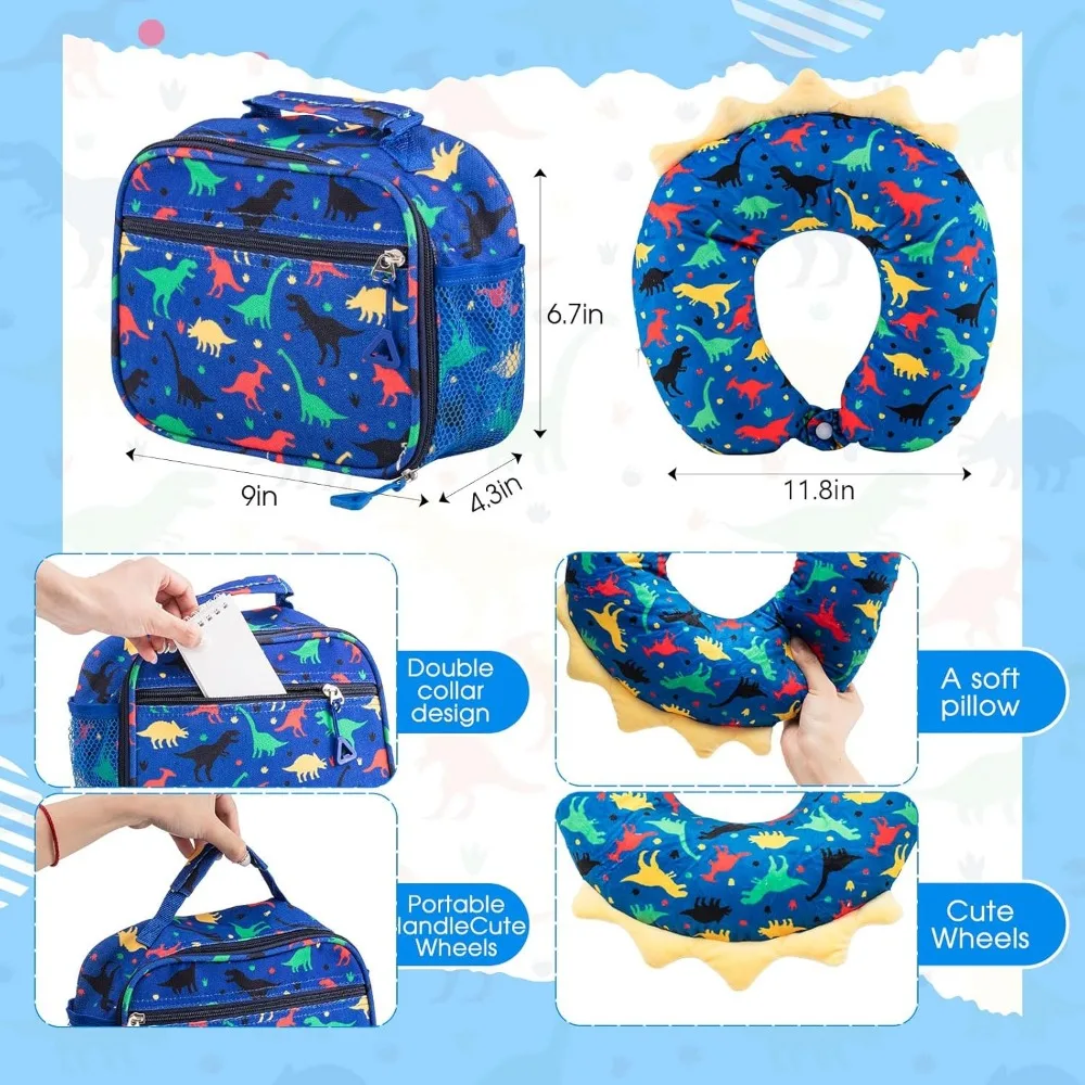 Set di valigie per bambini da 6 pezzi con 17 valigie con ruote, doppio motivo, ideale per regali scolastici o da viaggio, dinosauro blu scuro De