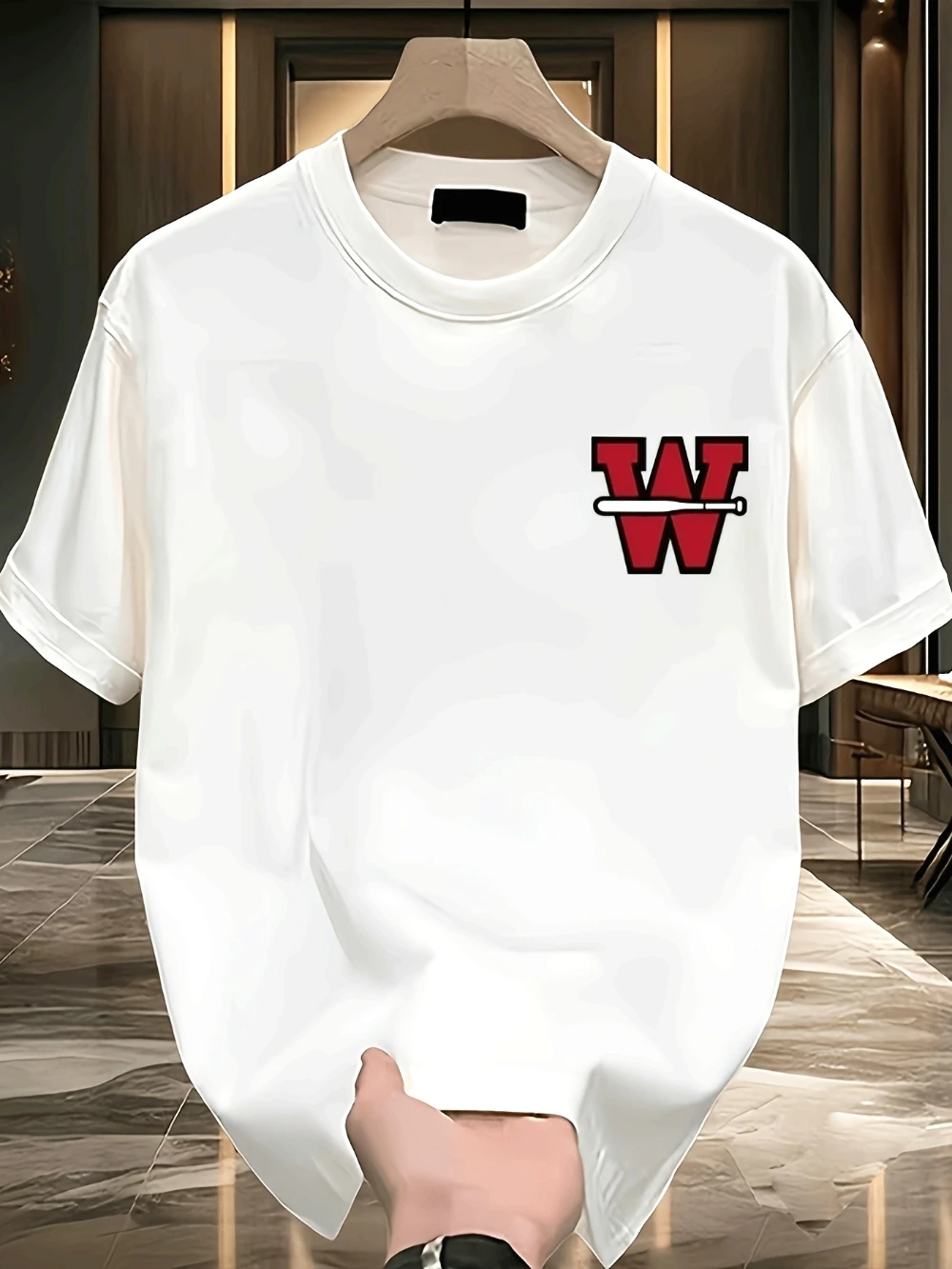 

Men's Cotton Loose W Print Pattern T-shirt Casual Round Neck Short-sleeved T-shirt Breathable And Sweat-absorbing Trend Fashion