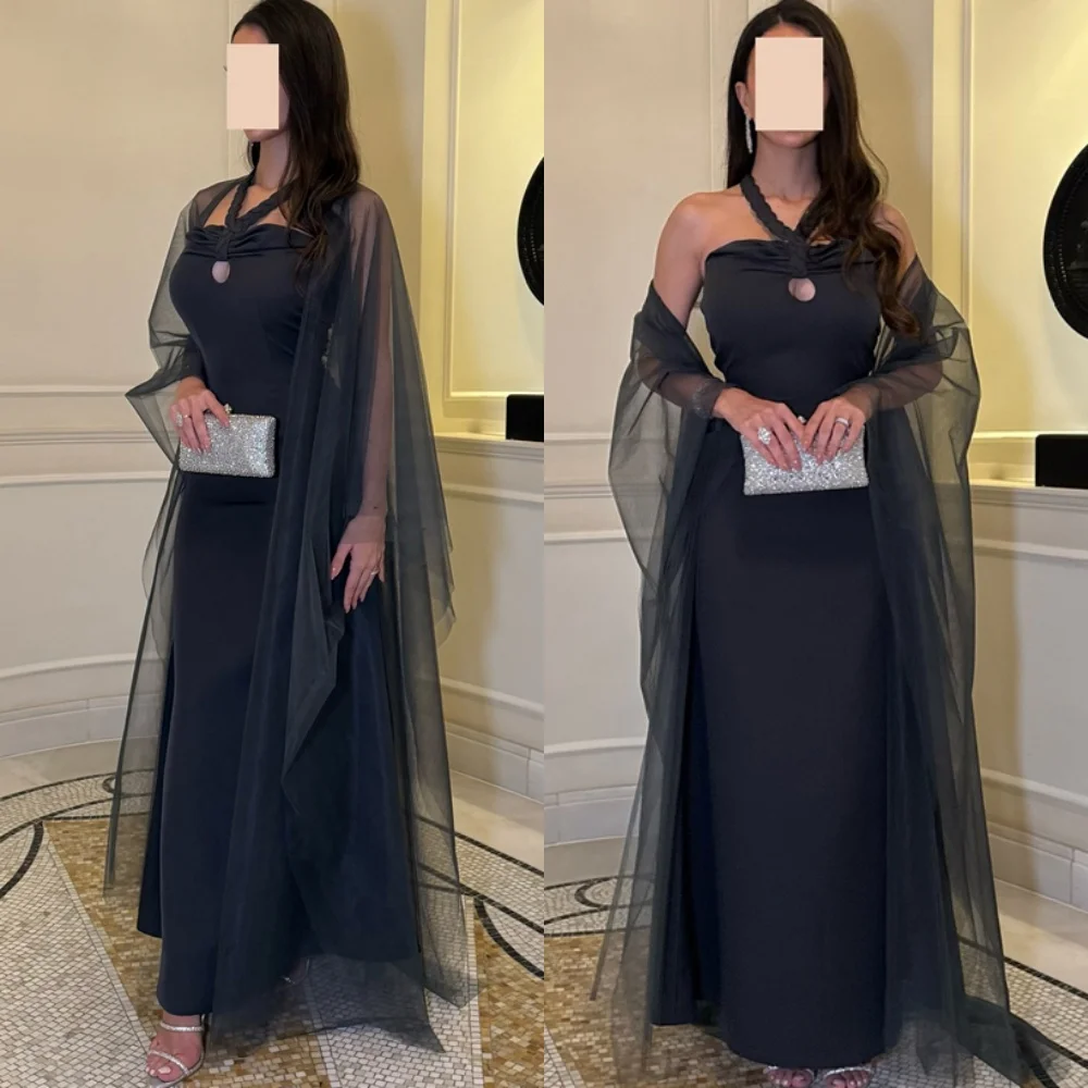 

Customized Charming Black Tulle Evening Dress Exquisite Halter Shawl Homecoming Dresses Temperament Special Occasion Gowns