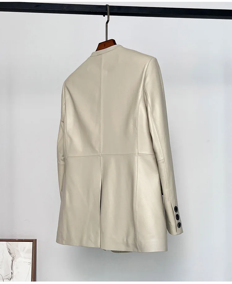 Women's The First Layer Sheepskin Suit Jacket, Collarless Suit, Lady Leather Coat, Spring and Autumn Fashion