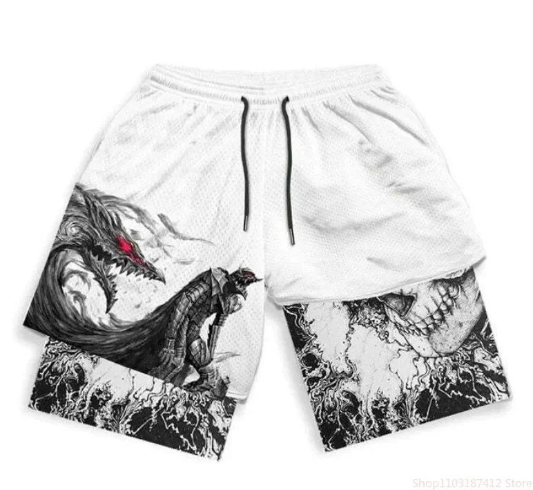 Summer Anime Print 2 in 1 Men Compression Double Layer Shorts Sports Performance Fitness with Pockets Quick Drying Shorts S-5XL