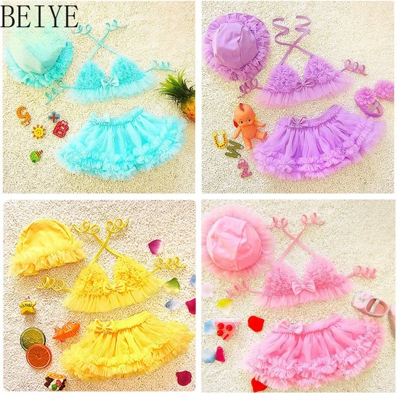 Sweet Pink Ruffle Bikini Swimwear Cross Back Halter Top Big Bow Tulle Skirted Suit Matching Swim Hat Children Pool Photo Outfit