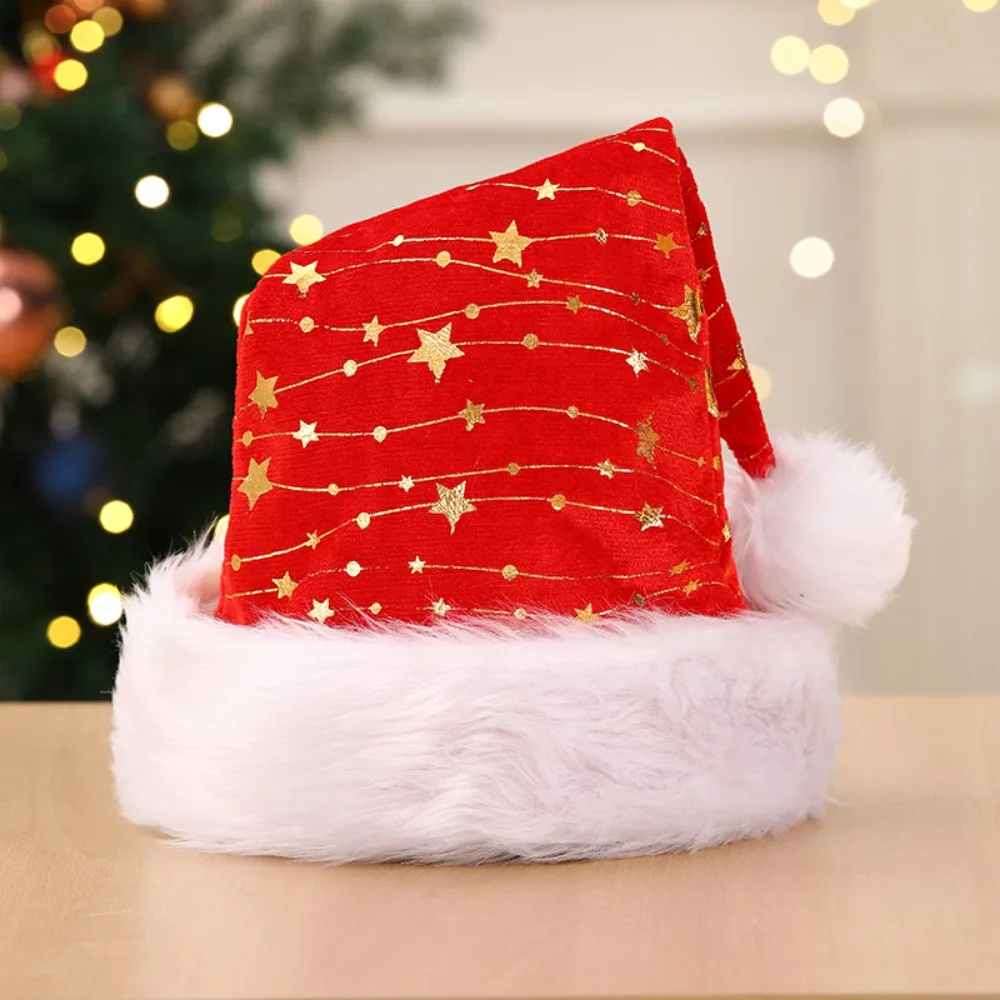 Unisex Fluffy Brim Golden Star Christmas Hat Red with Ball Santa Hat Velvet Thickened Christmas Decorative Hat Gift
