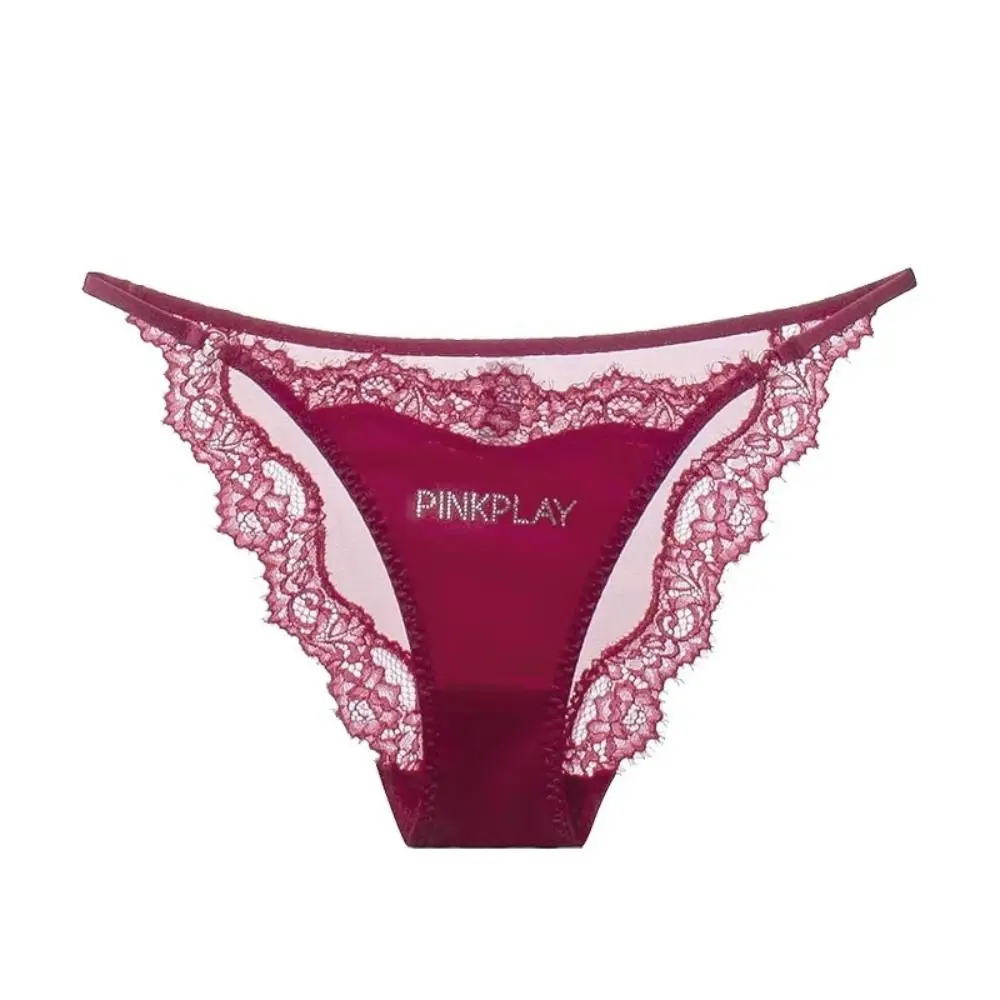 Crystal Letter Satin Silk Panties Thin Belt Mid Waist Rhinestone Lace Briefs Underwear Female Lingeries Underpants for Women