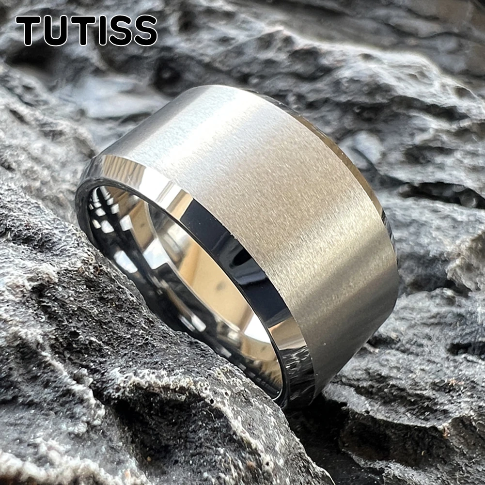 

TUTISS 10mm 12mm Men Tungsten Carbide Ring Silver Color Big Thumb Ring With Beveled Edges Brushed Finish Comfort Fit