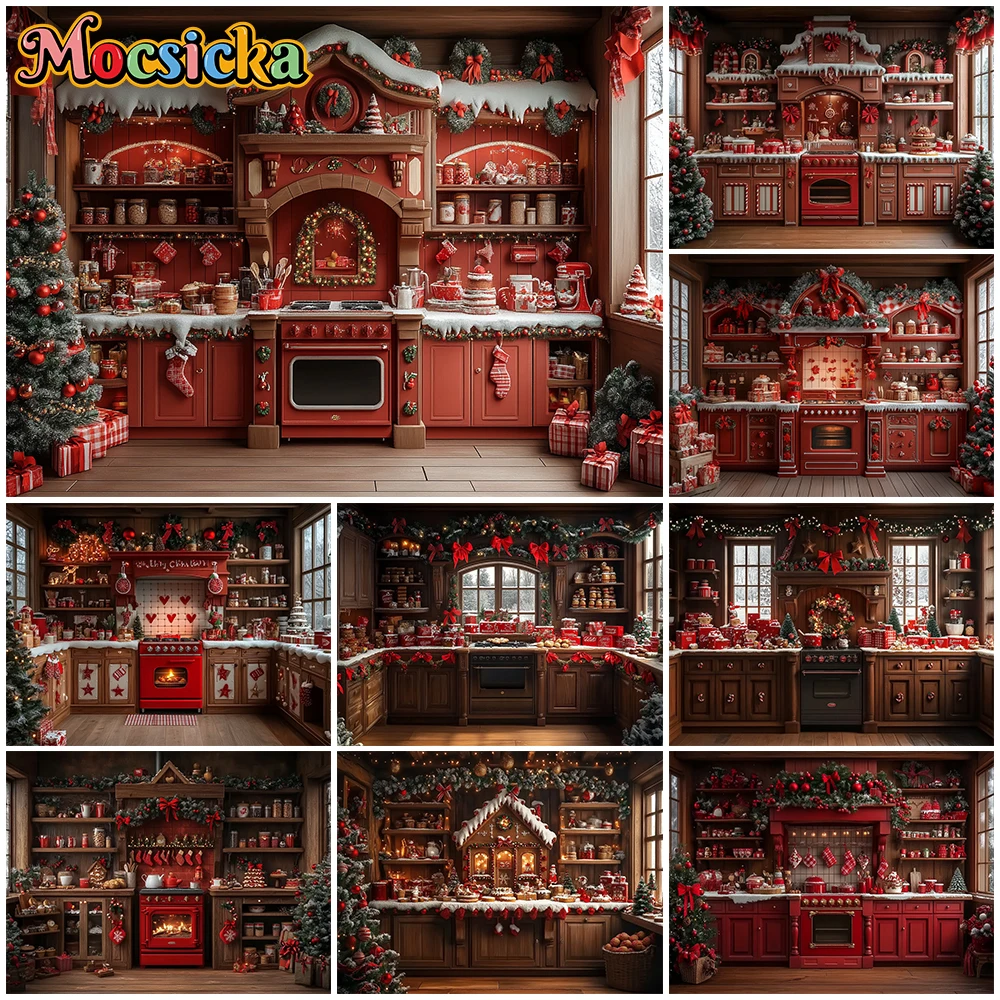 

Mocsicka Christmas Kitchen Photo Background Red Dish Wood Cabinet Tree Decorations New Year Party Photography Backdrop Wallpaper