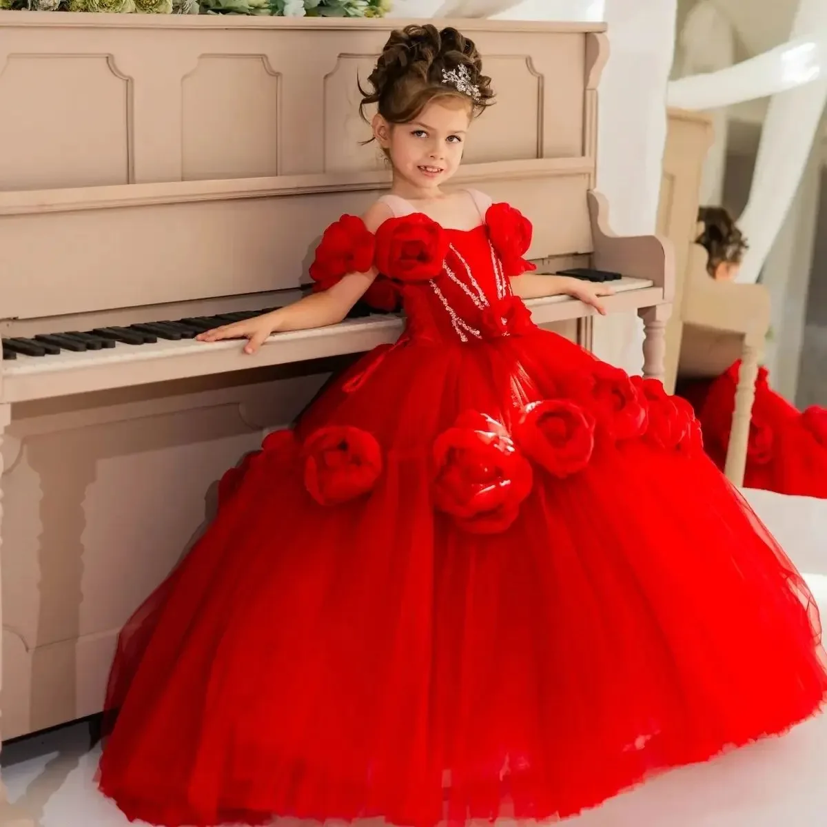 

Red Flower Girl Dresses for Wedding With Floral Sequins Girl Birthday Gown for Photoshoot First Communion Gowns Customized