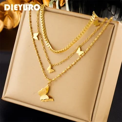 DIEYURO 316L Stainless Steel Gold Color Multilayer Butterfly Pendant Necklace For Women Fashion 3in1 Neck Chains Jewelry Gifts