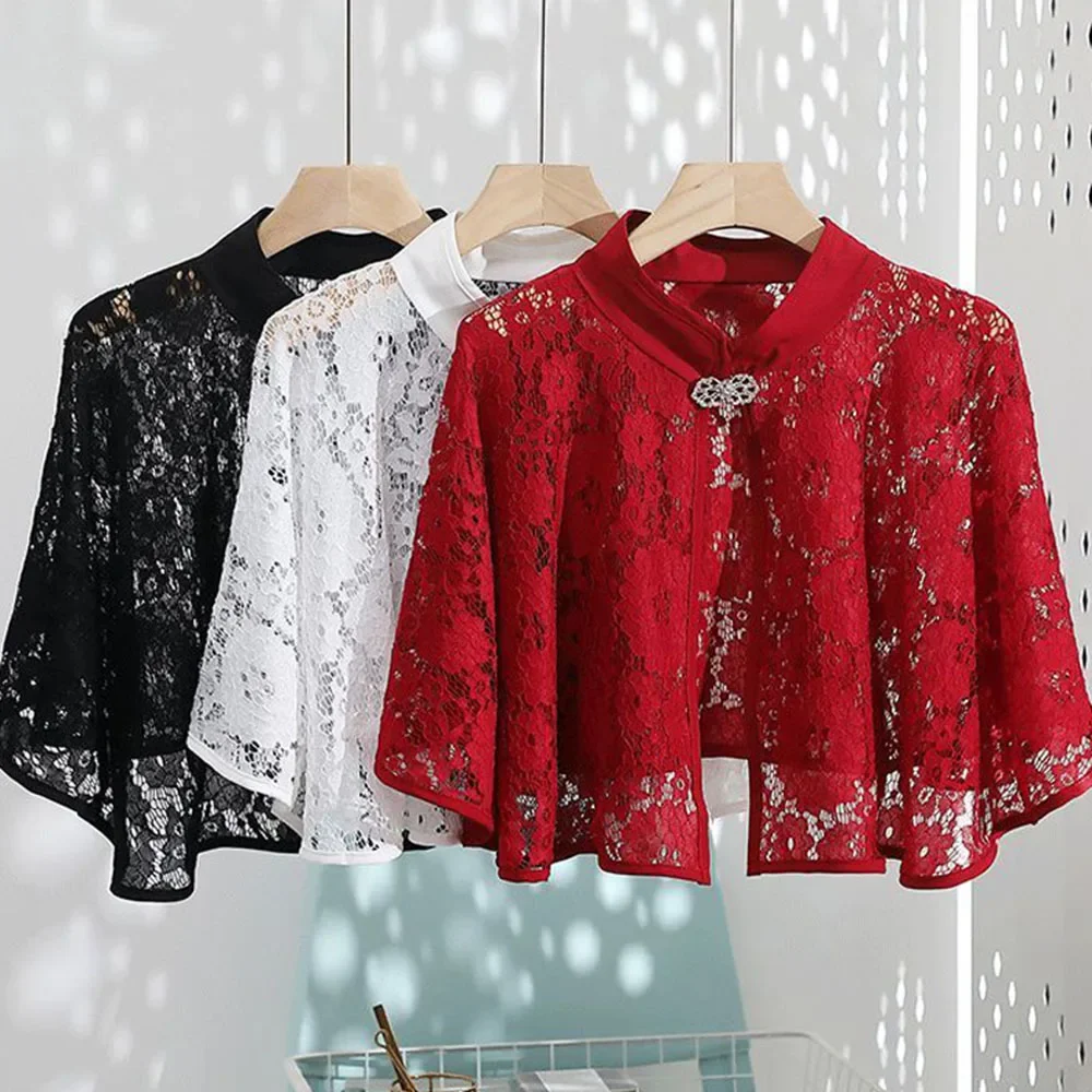 Women Loose Ponchos Fashion Vintage Shawl Ladies Summer Lace Hollow Out Cloak Female Silver Buckle Short Coat Cheongsam Capes