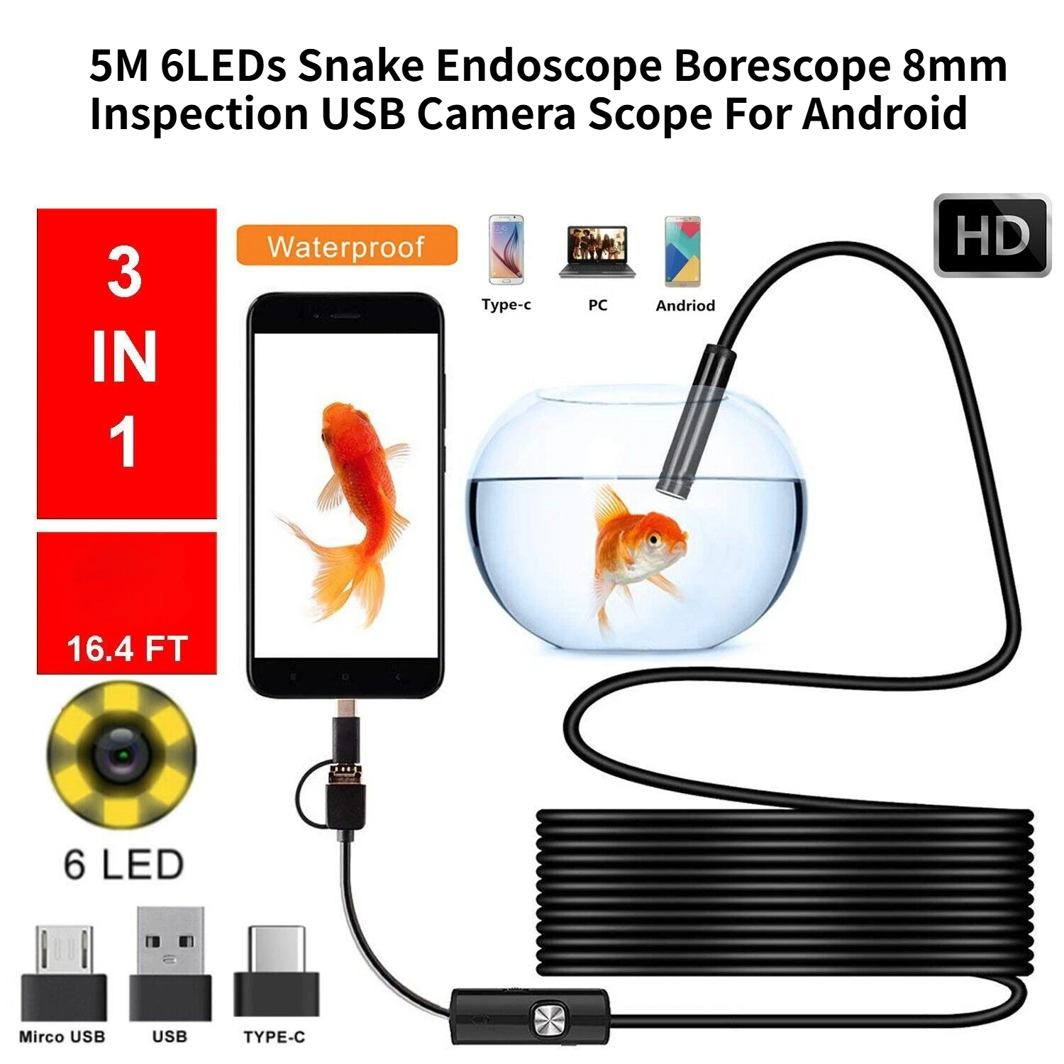 5M 6LEDs Snake Endoscope Borescope 8mm Inspection USB Camera Scope For Android