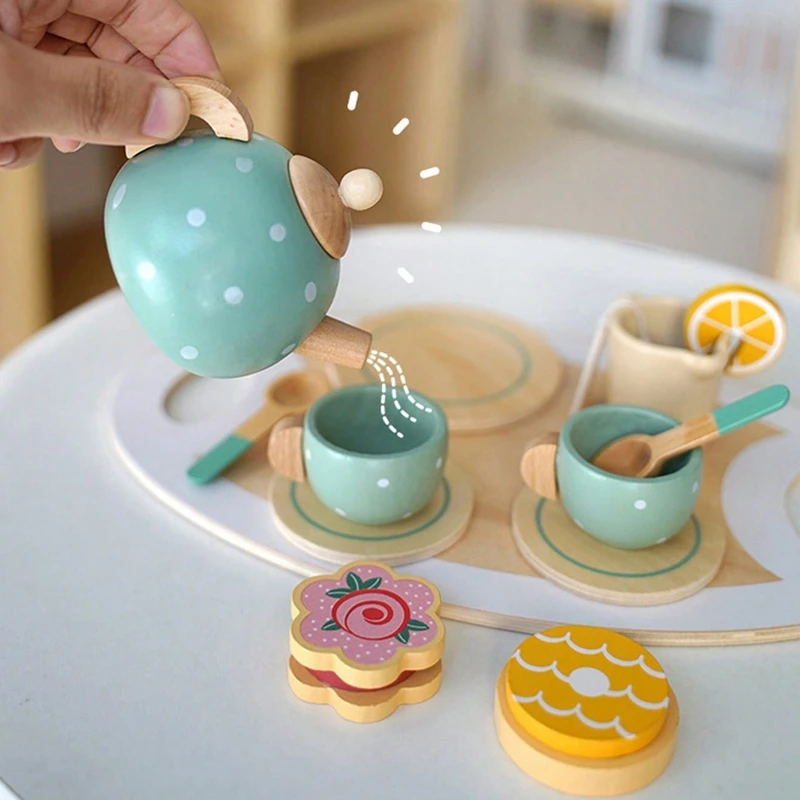 Children Play House Early Education Simulation Afternoon Tea Dessert Brewing Teapot Cup Tea Set of Wooden Toys