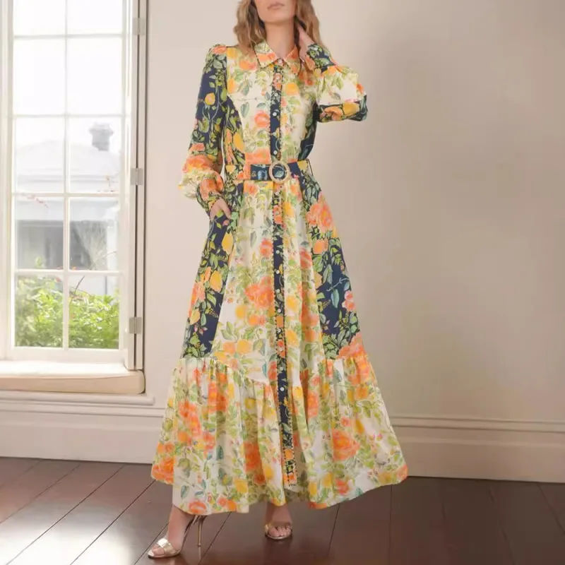 Luxury Flower Print Women Dress Long Sleeve Turn-Down Collar A-Line Dresses With Belt