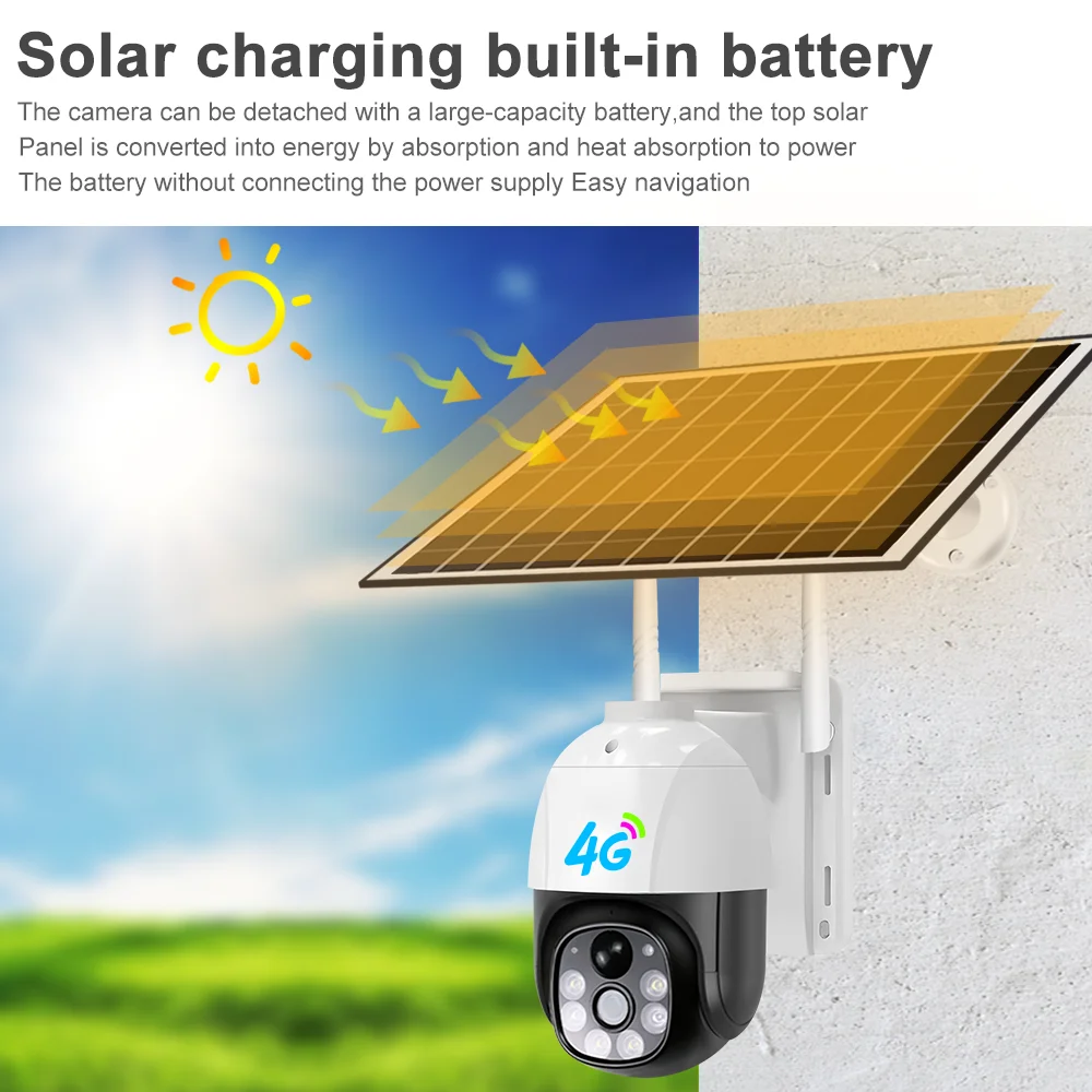 For Waterproof 3MP 4G Sim Card Solar Panel Low Power PTZ Camera V380 Pro Outdoor Wireless Security 4G Solar Camera