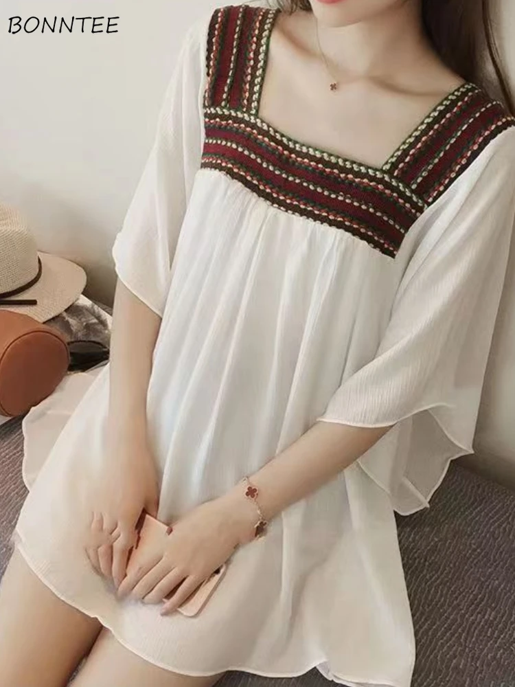 

Шифоновая блузка с квадратным воротником, женские свободные топы со вставками, мягкая винтажная дышащая уличная одежда, модная эстетичная нежная студенческая одежда