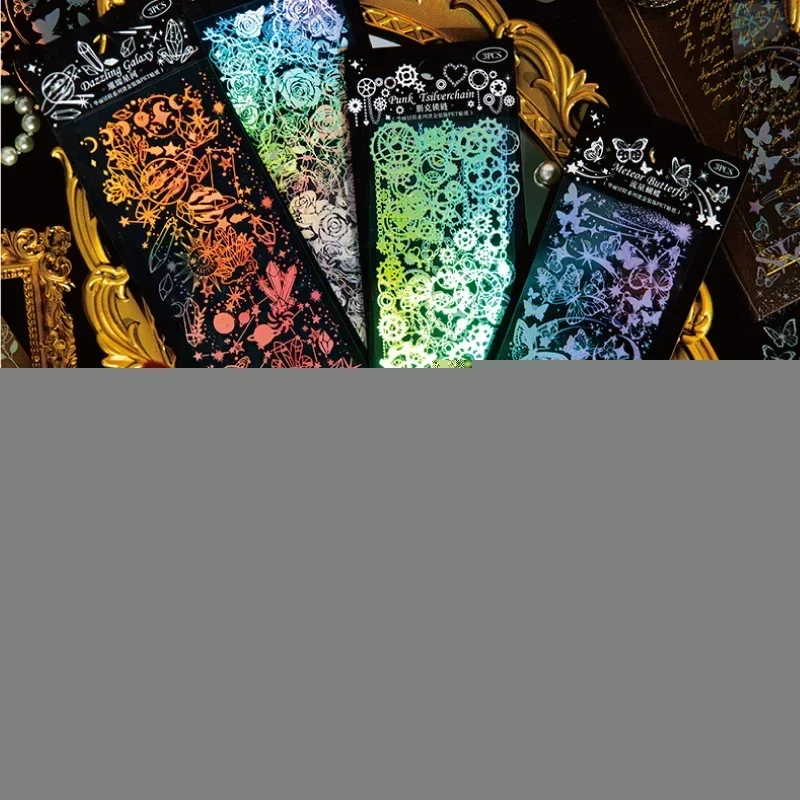 3 أوراق بطاقة الزهور سجل القصاصات ملصقات لامعة عاكسة الليزر الحدود الكولاج الفراشات الزخرفية المواد 215*70 مللي متر #4