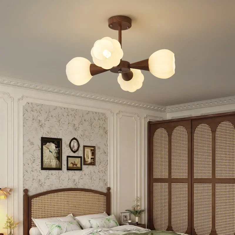Bedroom chandelier, simple glass eye protection, new walnut color