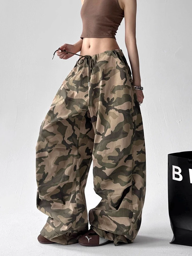 Women Y2k Hip-hop Cargo Grunge Trousers American Retro High Street Casual Camouflage Loose Wide Leg Pants XJ786