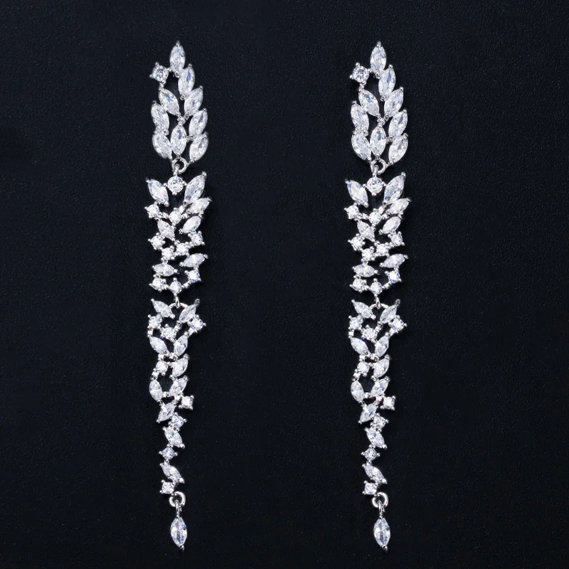 ThreeGraces Shining White Cubic Zirconia Gold Color Long Thin Dangle Drop Earrings for Women Fashion Bridal Party Jewelry E1416