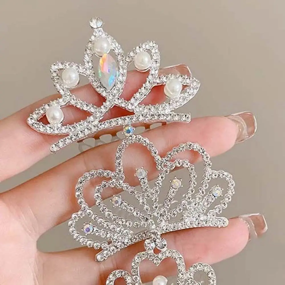 Pearl Crystal Crown Hair Comb Sweet Flower Star Rhinestone Hairpins Barrettes Korean Style Children Tiara Headband Party