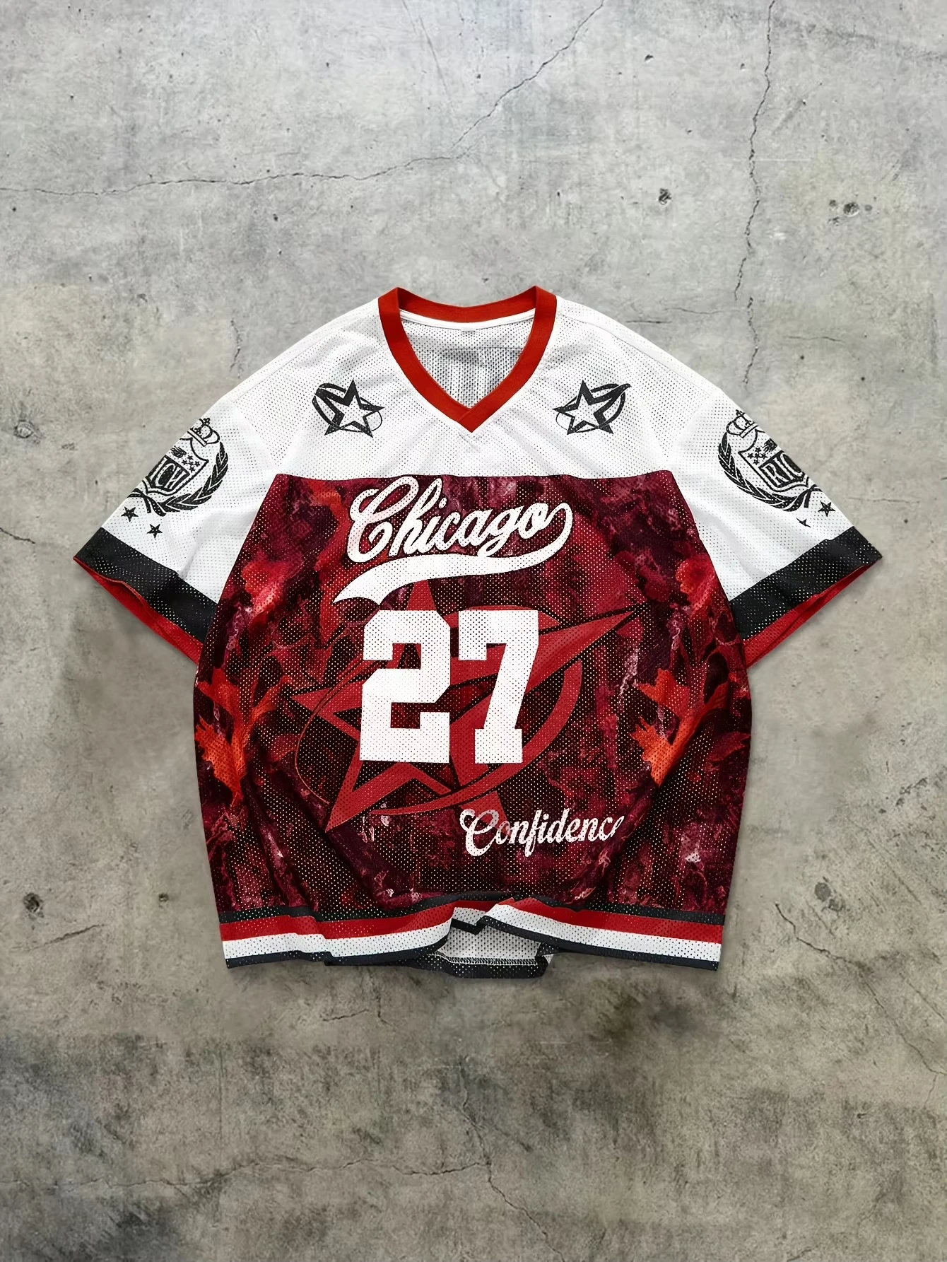 Men Retro Chicago 27 Number Graphic Mesh Tee V‑Neck Short Sleeve Breathable Loose Streetwear Hip Hop Unisex Summer Sport Tops