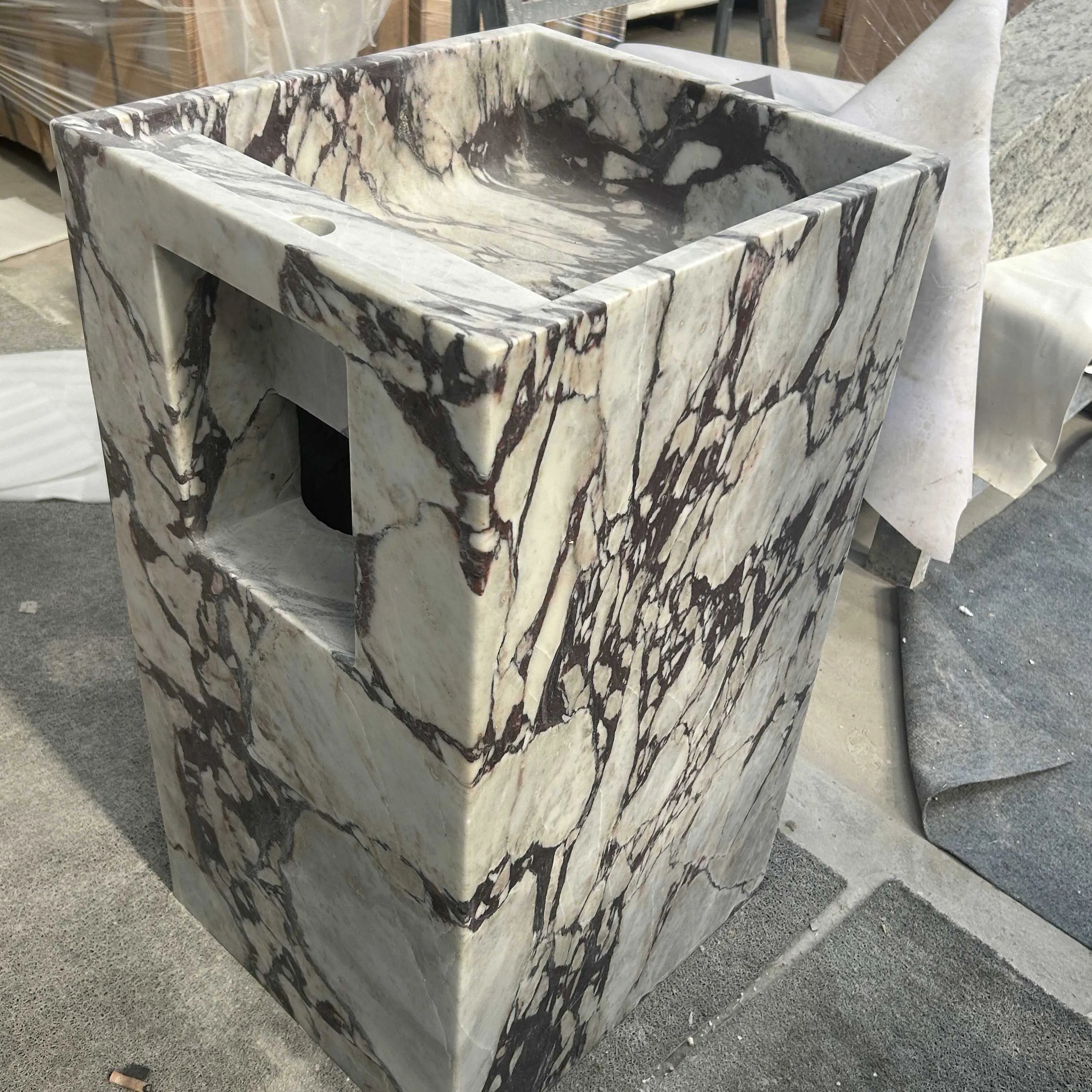 #￥Wholesale Italian Calacatta Viola Marble Pedestal Wash Basin Floor Mounted Modern Sanitary Wares Hand Wash Sink for Bathroom