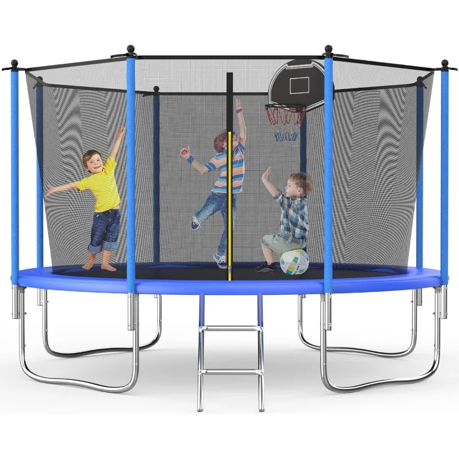 10FT 12FT 14FT 16FT Trampolin für und Erwachsene mit Sicherheitsnetz Freizeit-Außentrampolin in Blau/Rot mit Korb