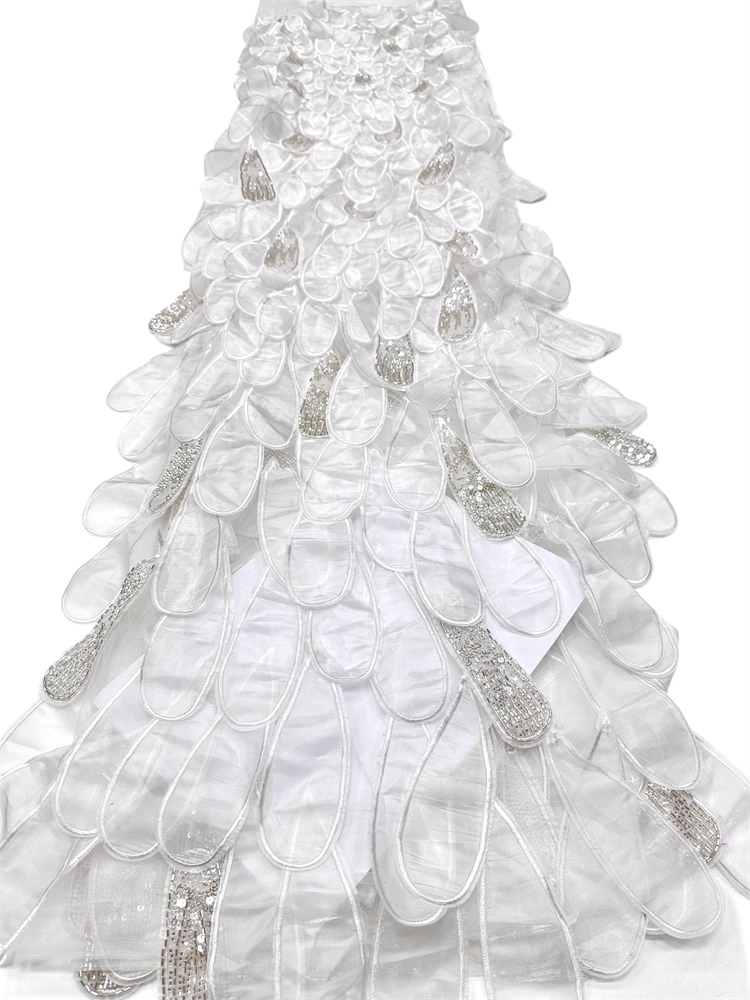 Beautiful Nigerian 3D Flower Lace Fabric 2026 African Beaded Sequins Lace Fabric French Embroidery Tulle Lace Wedding Dress