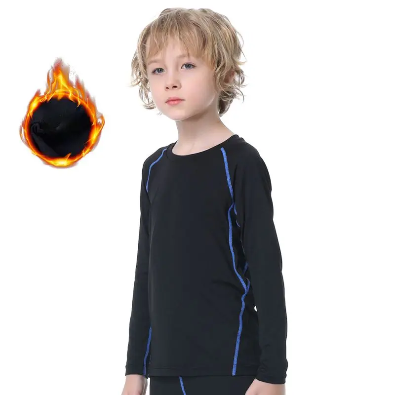 Kids Boys Sports Compression T-shirt Long Sleeved Velvet Sportswear Clothes Children Quick Drying Tight Top Fitness Sweatshirt