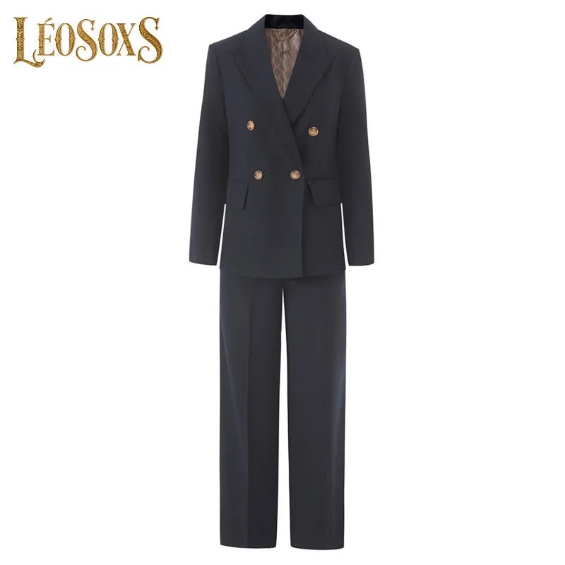 LEOSOXS Women Two Piece Suit Sets For Women Lapel Long Sleeves Spliced Double Breasted Blazer Wide Leg Suit Pant Set Female New