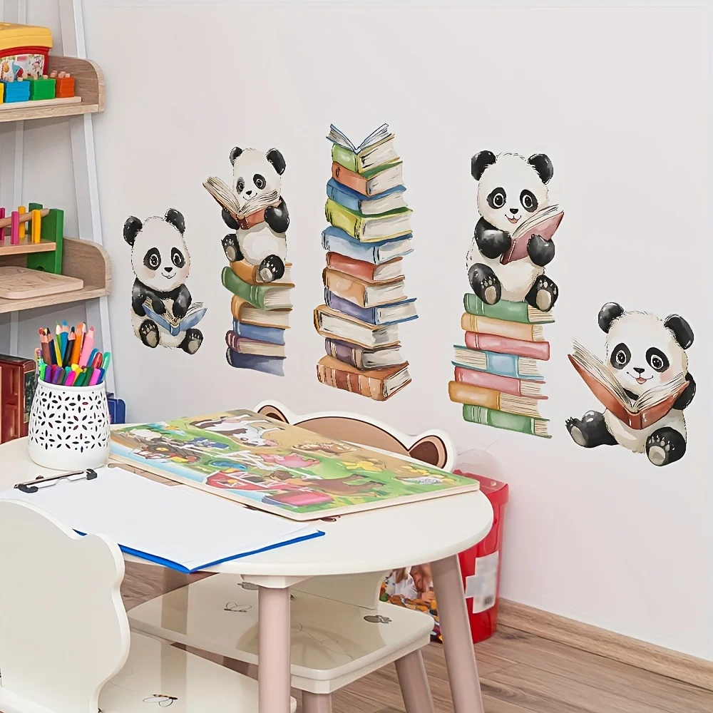 Cartoon Panda Read Book Wall Stickers School Classroom Animal Reading Wall Decals Library Bedroom Home Decoration view 3