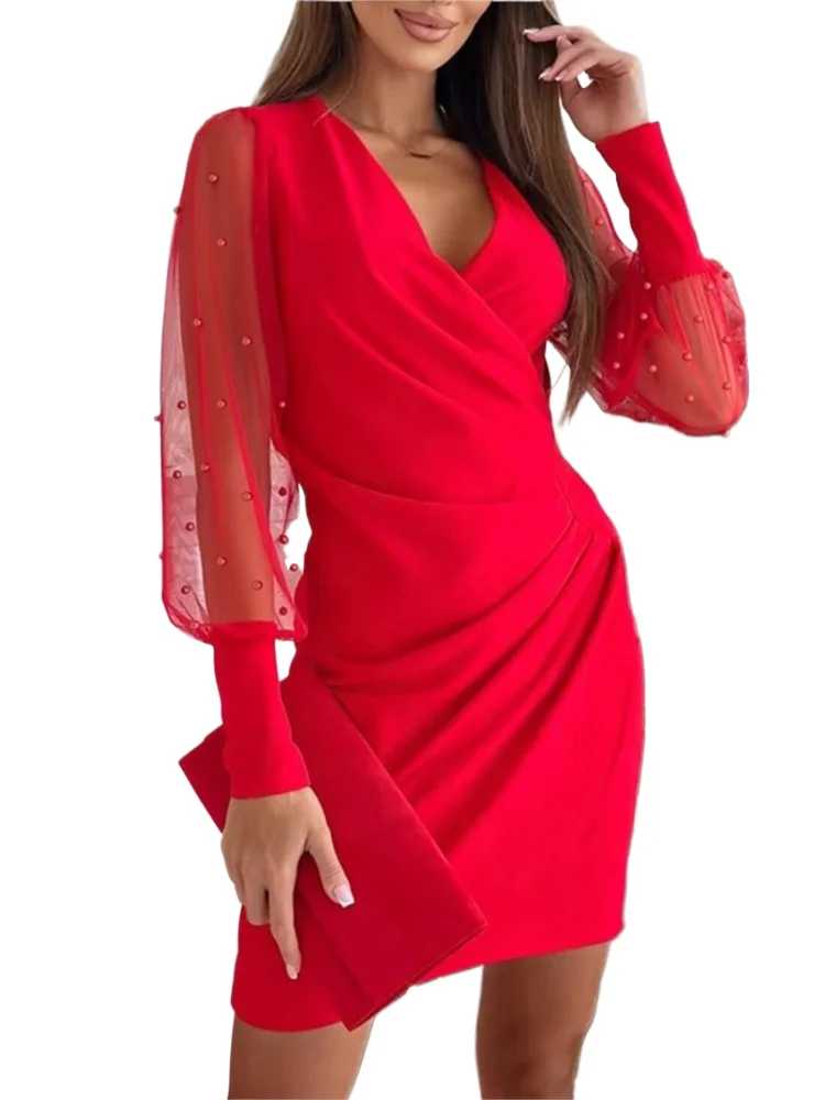 

Autumn Winter New Slim Mini Dresses Women Flower See Through Mesh Long Sleeve V-neck Folds Bodycon Dress Lady Commuting Vestidos