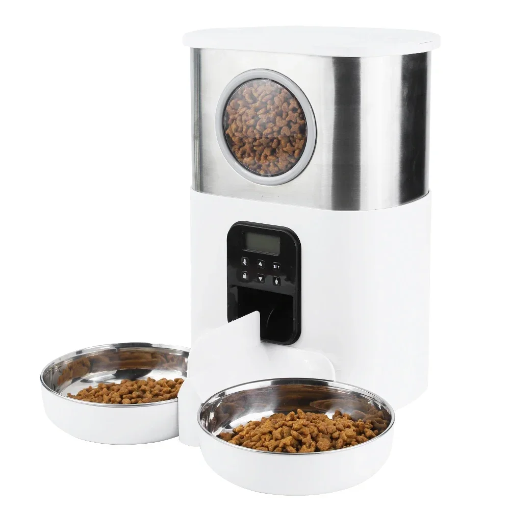

A 5L High Capacity Double Bowls Button Automatic Pet Feeder Smart Feed Dog Cat Feeding For Pet Voice Recorder Food Dispenser