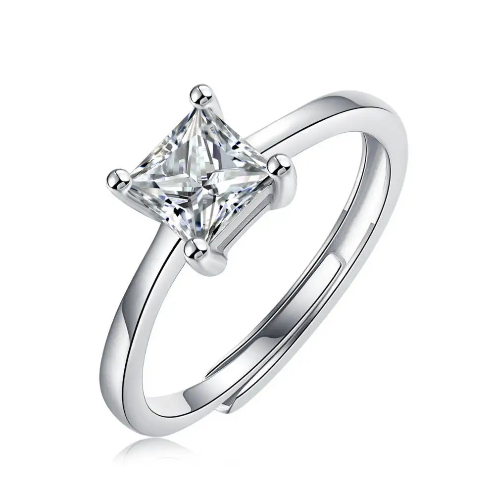 925 Sterling Silver Princess Four Prong Adjustable Solitaire Ring D VVS1 Moissanite Multi Tone Engagement Fine Jewelry For Women
