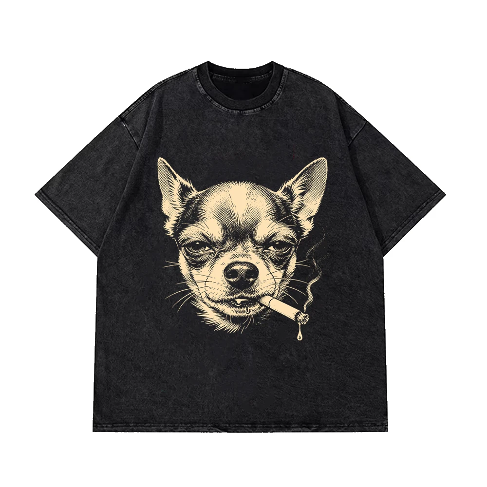 Humorous Chihuahua Smoking Print T-Shirt Women Men Wash Distressed Vintage O Neck Tees Unisex Student Casual 100% Cotton Tops