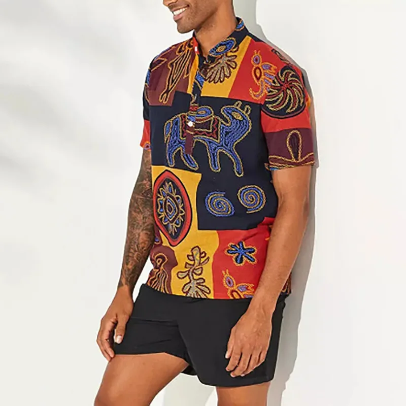 Summer Ethnic Style Oracle Bone Print Cotton Stand-up Collar Men's Casual Trend Shirt Loose Short Sleeves
