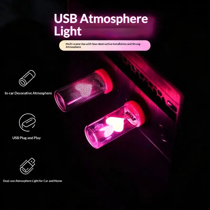 USB Heart LED Glass Bottle Bulb Night Light, Plug And Play Atmosphere Light for Car Interior Bedroom Camping Decoration