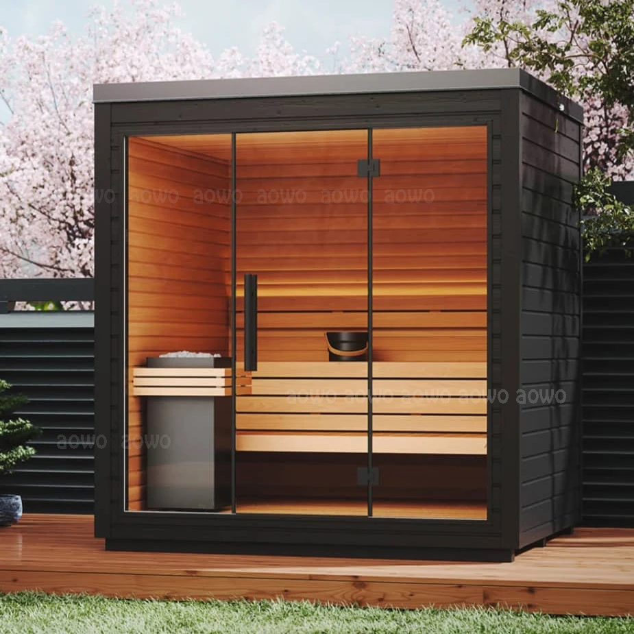 Estufa de Sauna de madera de pino finlandés para exteriores, gran sala de Sauna, capacidad de vapor húmedo, Panel de Control de calefacción eléctrica, Color negro