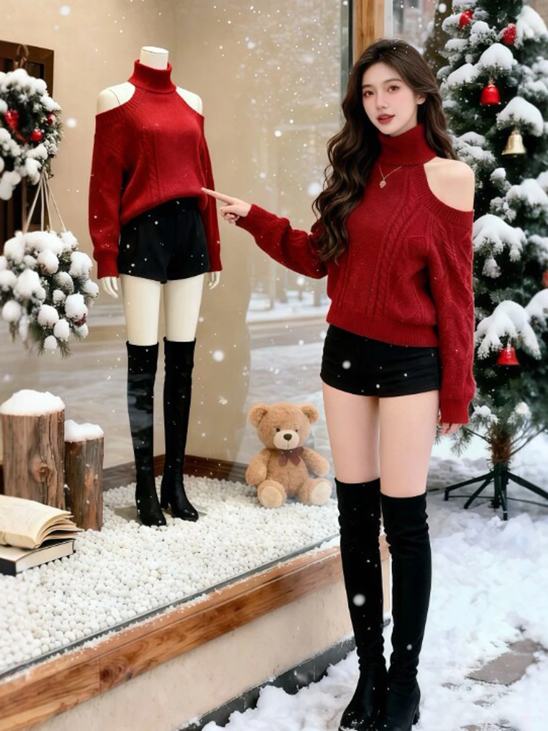 

Red High Collar off oulder Loose Knit Sweater Faionable Trendy Design Sensation Unique Sle Winter Women's Top