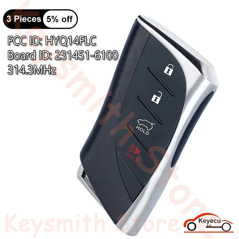 KEYECU 4 Buttons 314.3MHz for Lexus NX250 NX350 NX350H NX450H 2022 2023 2024 Auto Smart Remote Key Fob 231451-6100 FCC# HYQ14FLC