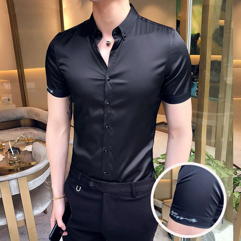 Neckline Embroidery Shirts Men Summer Short Sleeve Slim Fit Casual Shirt Men Solid Color Business Party Dress Shirt Streetwear