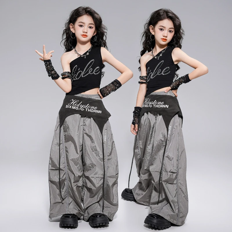 Traje de baile de Jazz para niñas, ropa de actuación de moda, grupo de baile Kpop, trajes de Hip Hop, pantalones superiores negros de verano, trajes de baile callejero