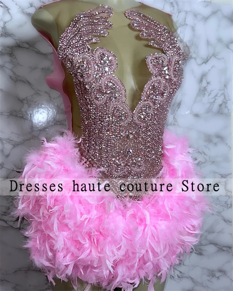 Pink Rhinestones Feathers Short Prom Dress For Black Girl 2024 Beaded Crystal Mini Cocktail Dresses Party Dress Homecoming Dress