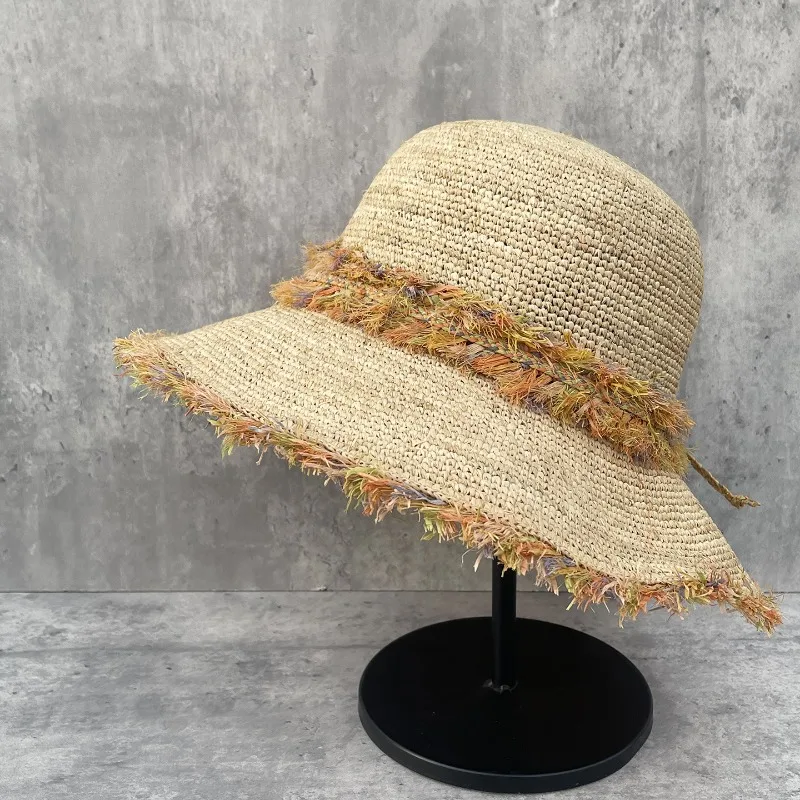 Women's Summer Raffia Foldable Wide Brim Bucket Hat Slim Face Sun Protection