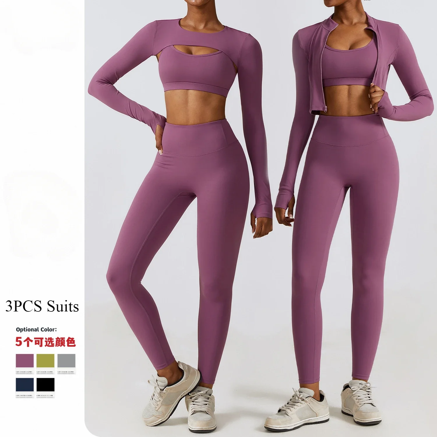 3PCS Seamless Yoga Set Women's Workout Sportswear Gym Outfits Clothes Sports Leggings Fitness Bra Crop Top Long Sleeve Yoga Suit