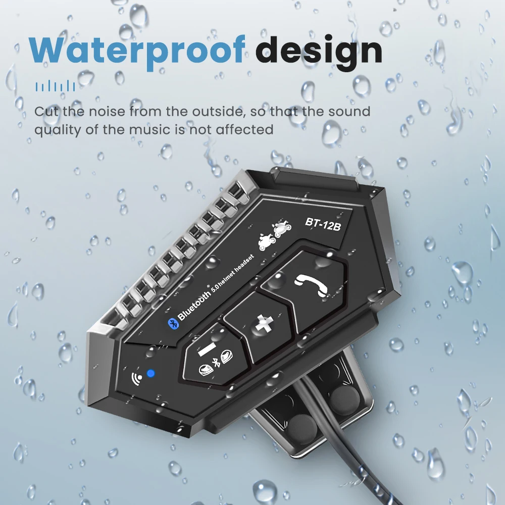 BT-12B Bluetooth 5.4 Helmet Headset Motorcycle Intercom Wireless Call Phone Kit Waterproof Interphone MP3 Music Player Speaker