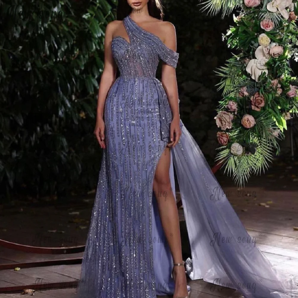 

Beading Blue One Shoulder High Split Mermaid Elegant Beaded With Overskirt Evening Dresses Gowns For Women Party 2023 Robes