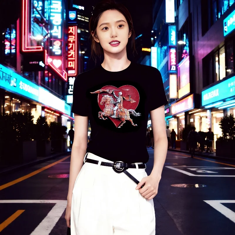 

Luxury British Style Heart-shaped Knight Horse Plaid Print Battle Horse Short Sleeve T-Shirt Trendy European Goods